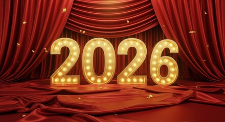 Bright 2026 marquee lights shine on red velvet stage curtain for new year celebration