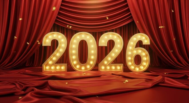 Bright 2026 marquee lights shine on red velvet stage curtain for new year celebration