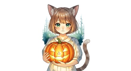 Charming illustration of a girl with cat ears, holding a glowing jack-o-lantern for Halloween.
