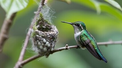 Hummingbird Perched Near Its Nest with Eggs nature