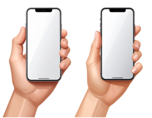 Two variations of human hand holding mobile phone isolated on transparent background