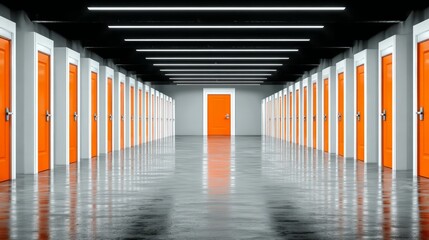 Long hallway with many orange doors and a white door with a red handle. The hallway is empty