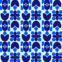 Monochromatic Blue Geometric Floral Seamless Pattern