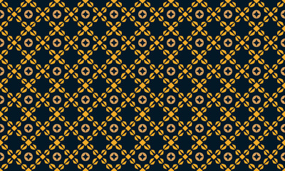 Luxurious seamless geometric pattern with complex traditional motif, resembling high-end arabesque or sophisticated batik art. Features rich gold details on a deep navy background. Ideal for formal 