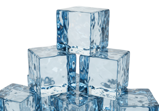Transparent ice cubes are stacked and reflected on a dark background.