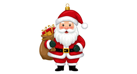 Cheerful santa carrying sack full of gifts in festive attire on white background