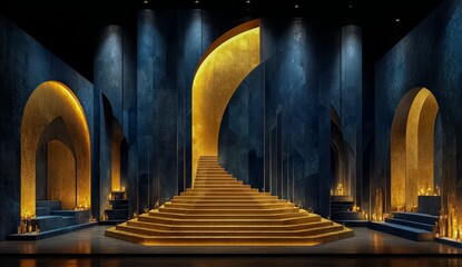 Stage set with a golden staircase leading up to a throne. The scene is set in a palace or a theater