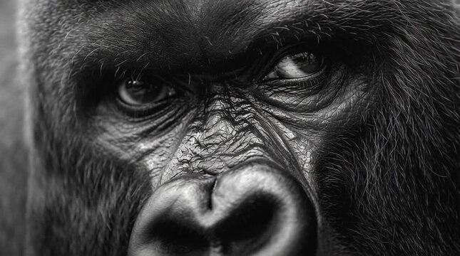 Black and white close-up portrait of a silverback gorilla staring directly into the camera, focusing on powerful eyes and intense expression in a dramatic wildlife image.
