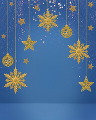 Christmas blue background with Christmas tree decorations with a golden snowflake, star and ball and golden lights with copy space. New Year and Christmas card.