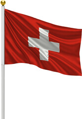 Realistic Switzerland Flag Waving on Pole with Silk Fabric Texture, 3D Render Isolated on Transparent Background