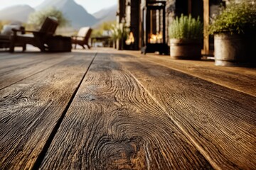 Wooden deck with a view of mountains and a fire pit. The deck is made of wood and has a rustic feel