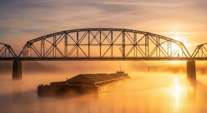 A barge floats on a river under a bridge during a foggy sunrise, creating a scenic and atmospheric transportation scene - Powered by Adobe