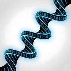 A DNA helix transforming into streams of binary code, glowing neon blue, digital science visualization, biotech concept, minimal white background
