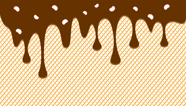 Wavy chocolate illustration. Dripping chocolate illustration background. Brown chocolate drip on waffle background.. Fast food chocolate drip illustration  Hand-drawn choco drip vector.