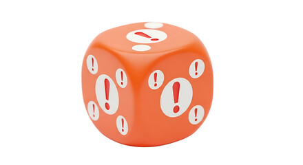 An orange cubic die with white exclamation marks on each face, used for games and chance isolated on transparent background