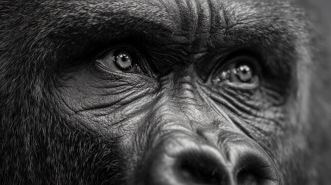 Black and white close-up portrait of a silverback gorilla staring directly into the camera, focusing on powerful eyes and intense expression in a dramatic wildlife image.
