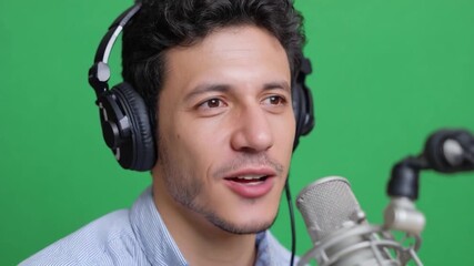 Podcast Recording: A man with a headset speaks into a microphone against a vibrant green backdrop, capturing the essence of podcasting and audio recording.