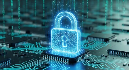 Futuristic digital security concept with a glowing padlock on a CPU and binary data streams.