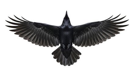 Obraz premium A black raven in flight, wings spread wide, viewed from directly above, isolated on a transparent background