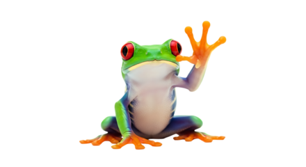 A vibrant redeyed tree frog waving its hand, isolated on transparent background