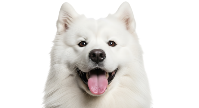 Closeup portrait of a happy samoyed dog with a wide smile and pink tongue out, isolated on a transparent background