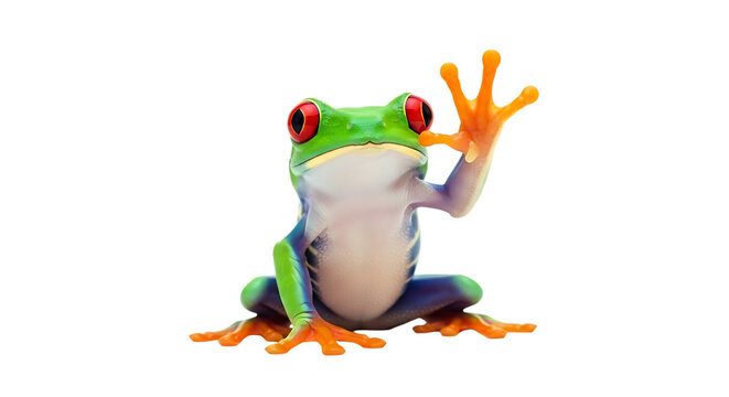A vibrant redeyed tree frog waving its hand, isolated on transparent background