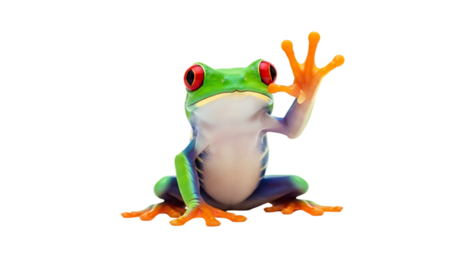 A vibrant redeyed tree frog waving its hand, isolated on transparent background