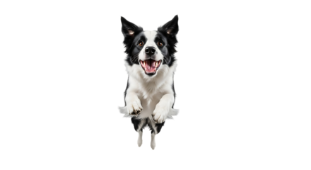 A happy border collie dog jumping in the air isolated on transparent background, captured midflight with its mouth open and tongue out