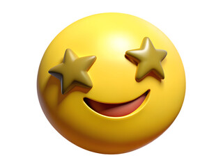 A starstruck yellow emoji isolated on transparent background expressing excitement and admiration with star eyes and smile