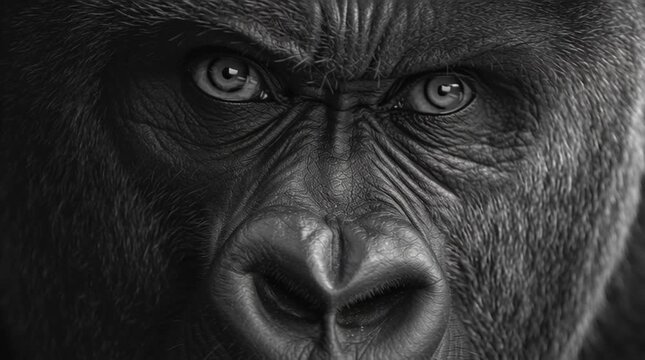 Black and white close-up portrait of a silverback gorilla staring directly into the camera, focusing on powerful eyes and intense expression in a dramatic wildlife image.
