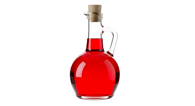 A clear glass bottle with a rounded body and a handle, filled with a vibrant red liquid and sealed with a cork, isolated on transparent background