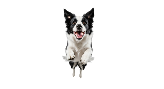 A happy border collie dog jumping in the air isolated on transparent background, captured midflight with its mouth open and tongue out