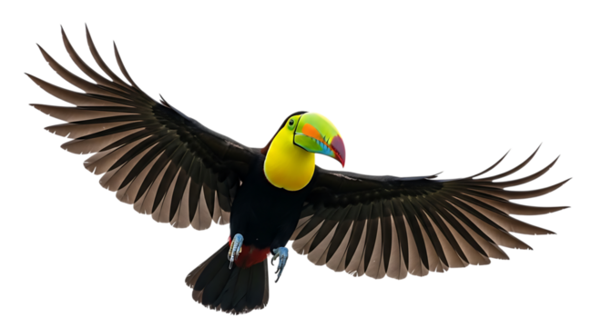 A majestic toucan in flight, with wings spread wide, showcasing its vibrant plumage against a pure transparent background