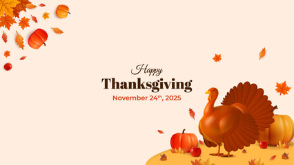 Happy Thanksgiving Turkey, Pumpkins, And Autumn Leaves In A Warm Seasonal Scene