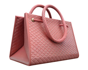 Elegant pink handbag with a textured surface and rope handles, isolated on transparent background, a stylish accessory