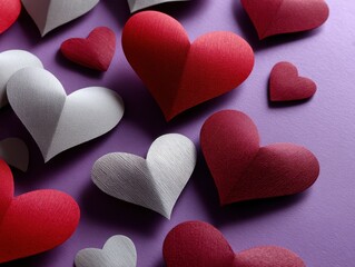 Obraz premium Red and white paper hearts of various sizes are scattered on a surface. The hearts have a textured appearance, creating a three-dimensional effect with shadows and highlights