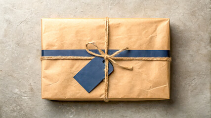 Rustic gift box wrapped in textured brown paper tied with twine and blue ribbon with blank tag