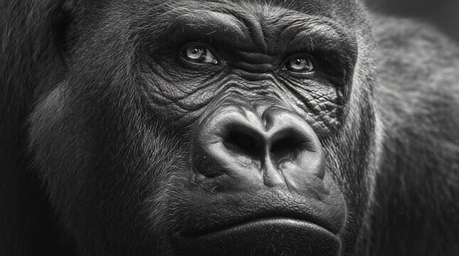 Black and white close-up portrait of a silverback gorilla staring directly into the camera, focusing on powerful eyes and intense expression in a dramatic wildlife image.
