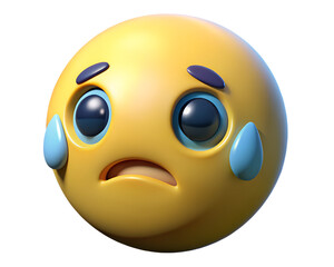 A 3d rendering of a crying emoji with tears streaming down its face isolated on transparent background