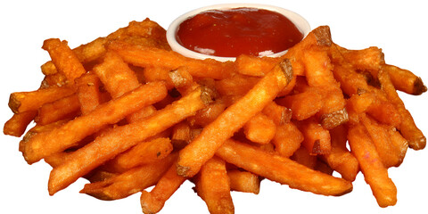 A generous serving of crispy sweet potato fries beside a small bowl of red ketchup