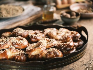 A collection of twisted pretzels, baked to a golden brown and covered in chopped nuts, are presented on an antique metal tray. Walnuts, honey, and flour are visible in the background