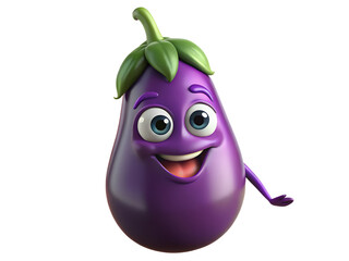 Cheerful eggplant cartoon character isolated on transparent background, showcasing a playful and inviting design