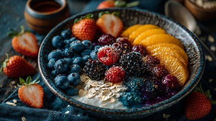 A bowl filled with berries oats and sliced orange fruit dish