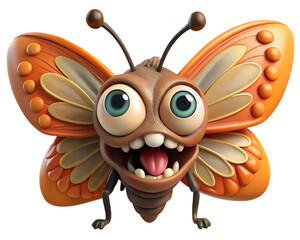 Funny cartoon butterfly with big eyes and open mouth isolated on transparent background 3d rendering