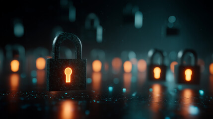 Padlocks with glowing keyholes arranged in a blurred array
