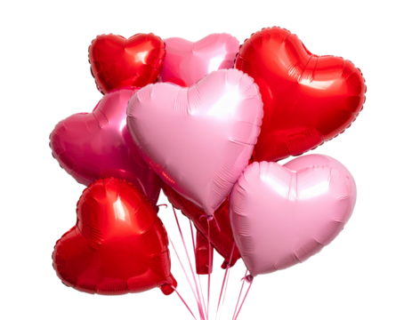 Valentine’s Day Flat Lay with Red and Pink Heart Balloons, Isolated on transparent Background