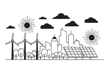 Sustainable cityscape with wind turbines and solar panels