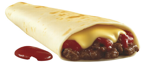 Savory ground meat and melted cheese inside a tortilla with ketchup on the side