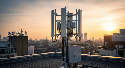 Rooftop 5G Small Cell Antenna Array with City Skyline Silhouette at Sunset