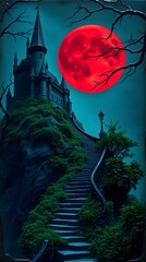 Gothic Castle on a Hill Under a Blood Moon with Staircase